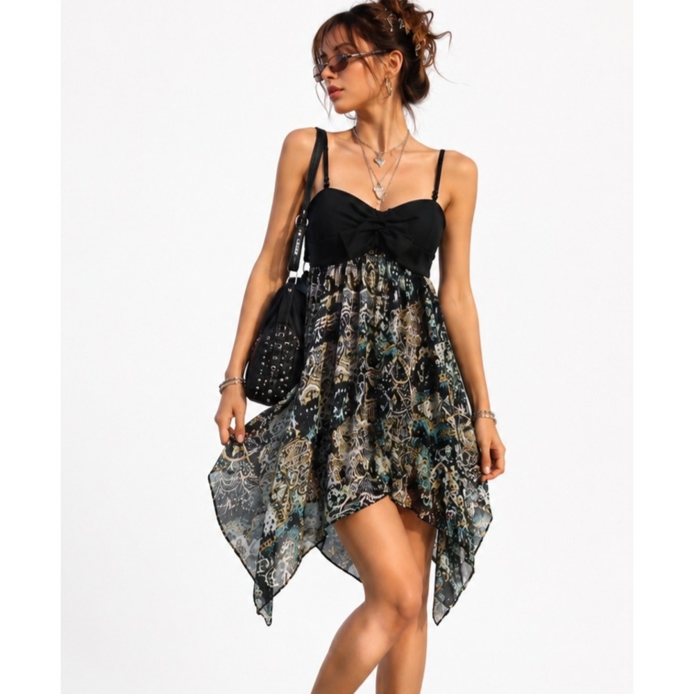 y2k Hanky Hem Small Dress Babydoll Whimsigoth Fairy Handkerchief Paisley‎ Flowy